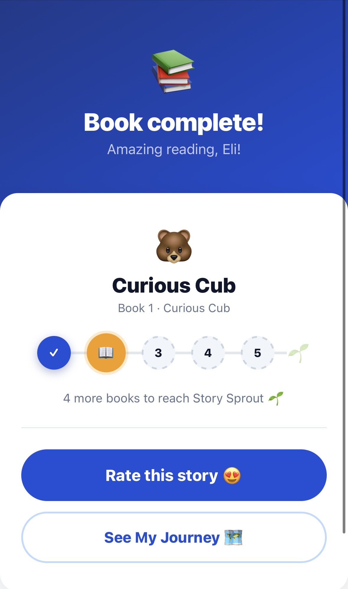 Page One book complete — level up screen