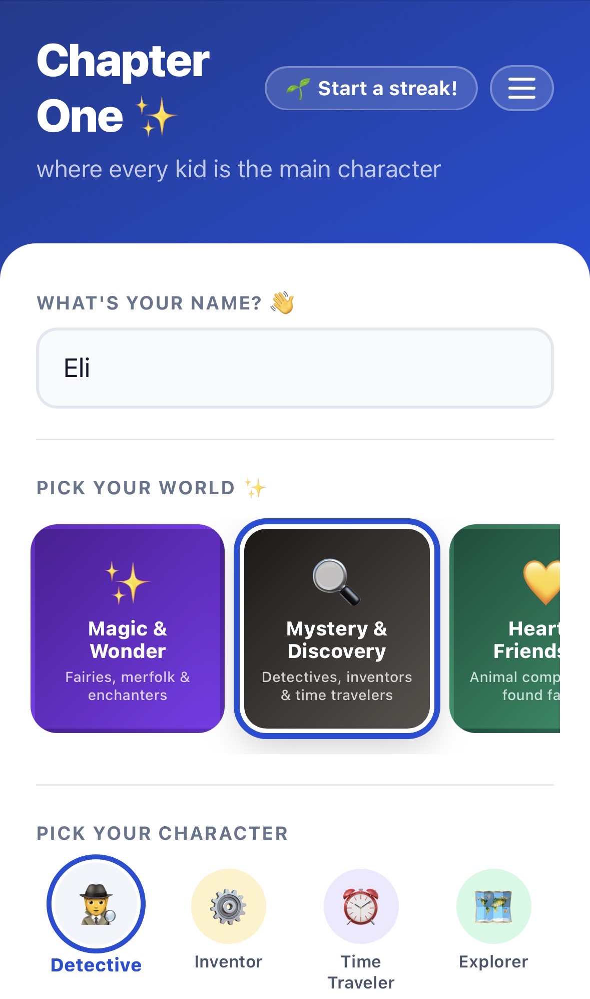 Page One home screen — pick your world and character