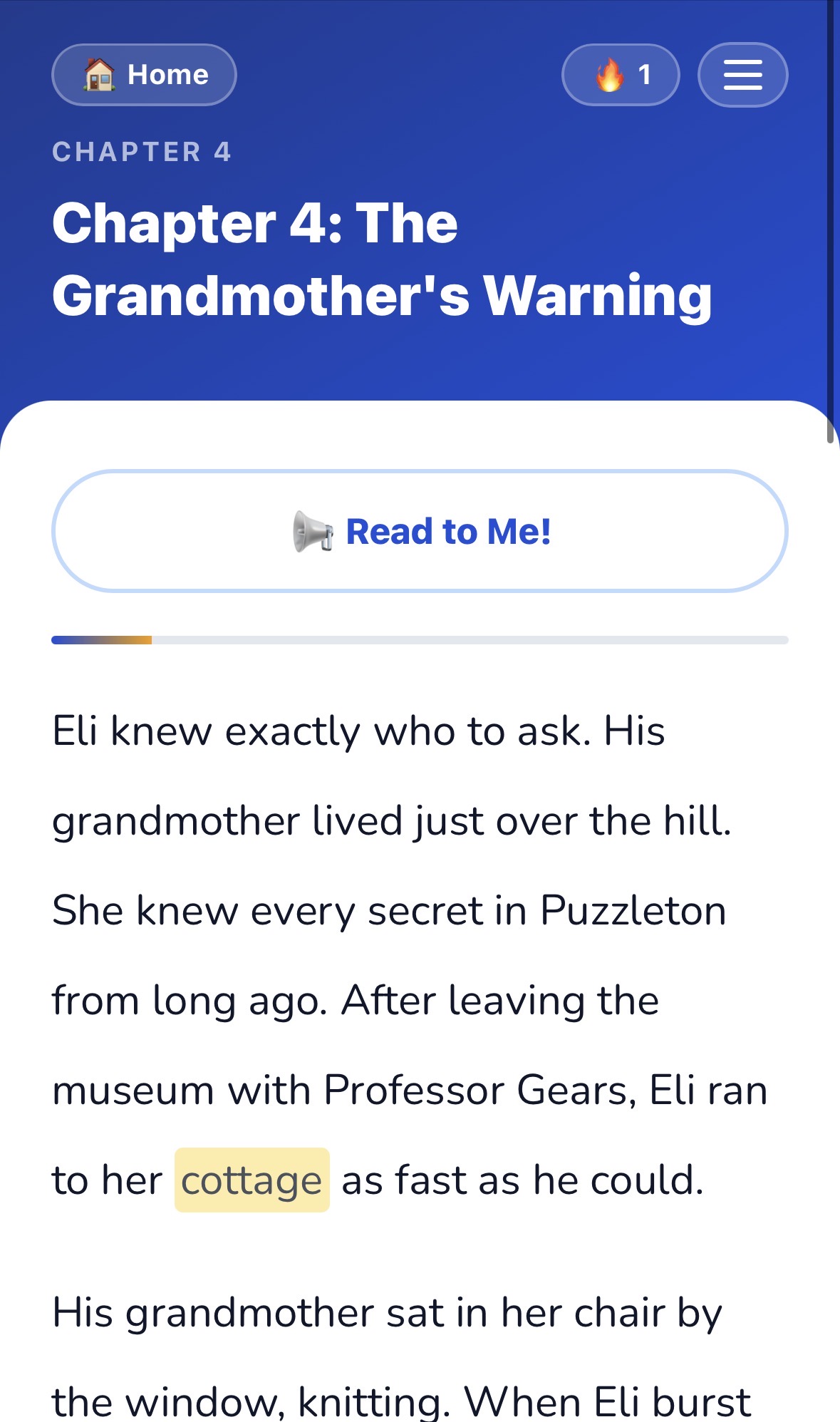 Page One story reading screen with word highlighting