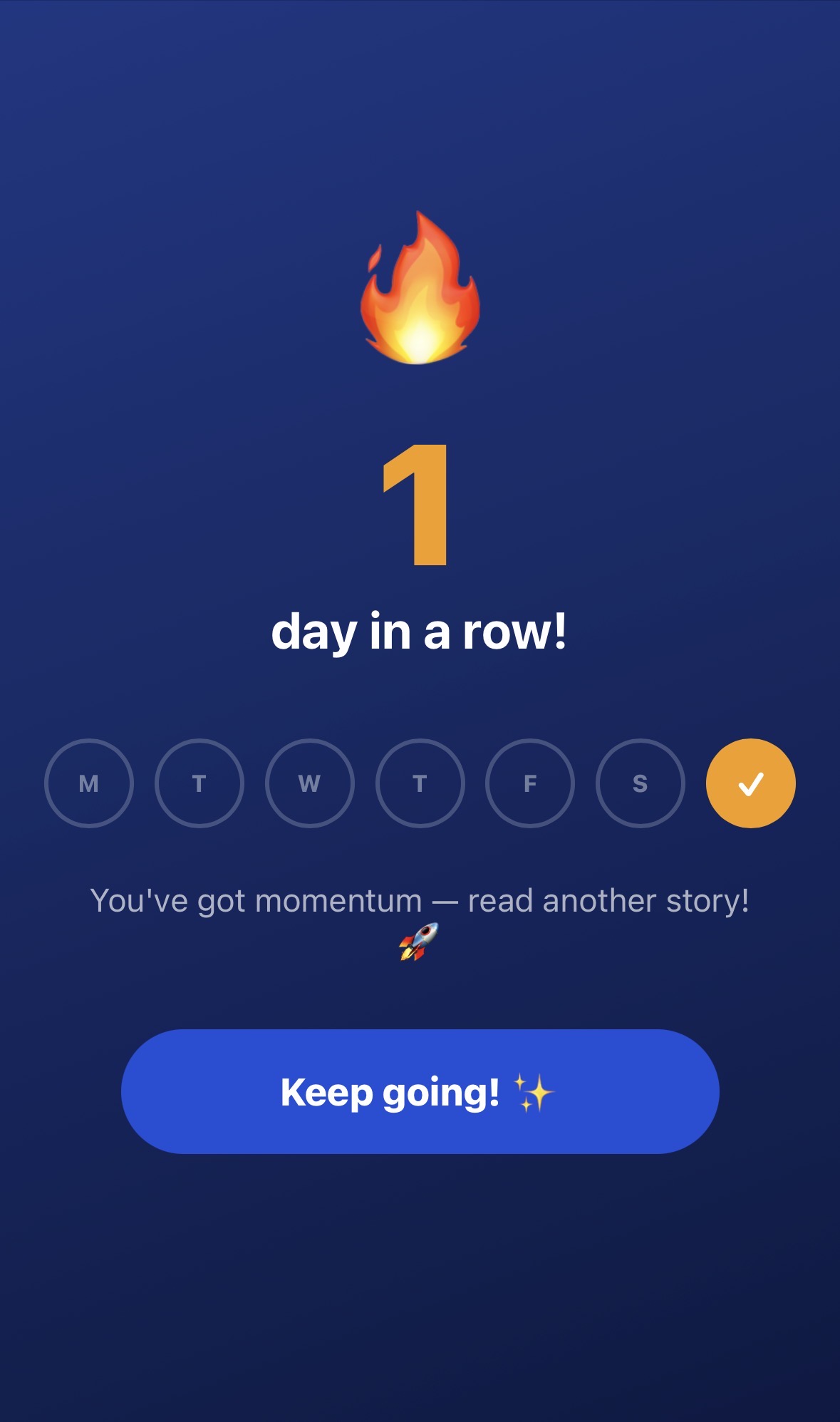 Page One streak screen — 1 day in a row